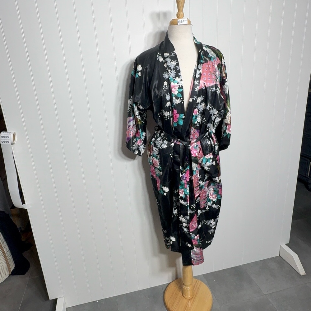 Vintage Silky Peacock Floral Kimono Robe Boho Luxe Statement Vacation Medium - Picture 3 of 9